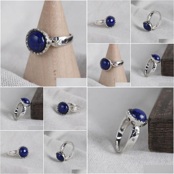 Ringos de cluster FNJ 925 Sier Round Lapis Ring for Women Jewelry original S925 Sterling Natural Blue Stone Drop Deliver