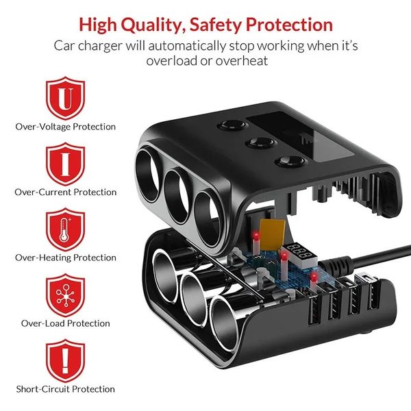 2024 Schnellladung 3.0 Zigarette Leichtersplitter 12V/24 V 3-Socket 100W Ein-Off-DC-Power Car Splitter mit 4-Port-USB-Auto-Ladegerät für Quick