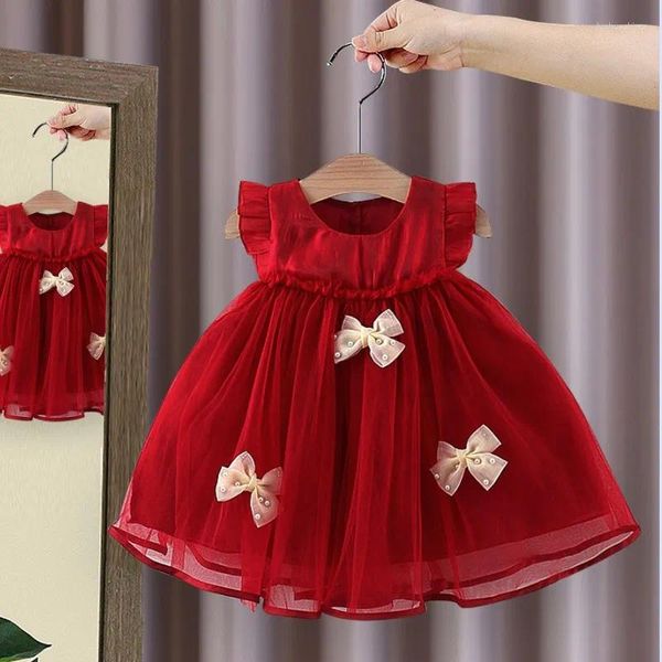 Mädchen Kleider Baby Girls Prinzessin Party Bogen rotes Netzkleid für Kinder süße Geburtstag Hochzeit Abend Kleid Kostüm Säugling Kleidung