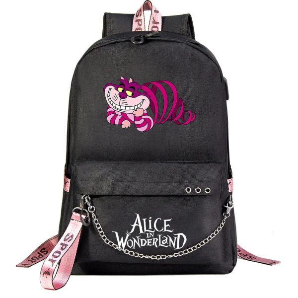 Rucksäcke Alice in Wunderland Jungen Mädchen Kinder Schulbuchbeutel Frauen USB -Kette Rucksack Leinwand Männer Laptop Beutel Packsack Bookbag