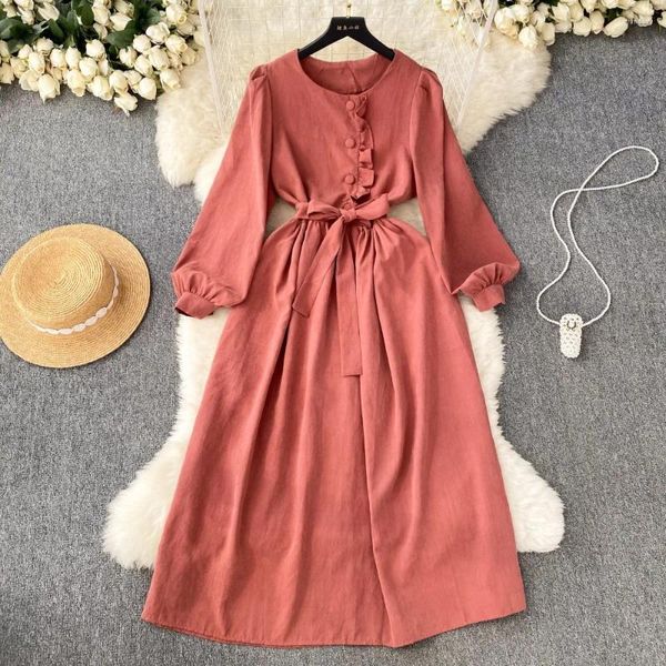 Lässige Kleider Herbst Mode Frauen Vertrieb O-Neck Long Puff Ärmel Lappel Single Skinny Vestidos vielseitiger weiblicher Kleid Drop