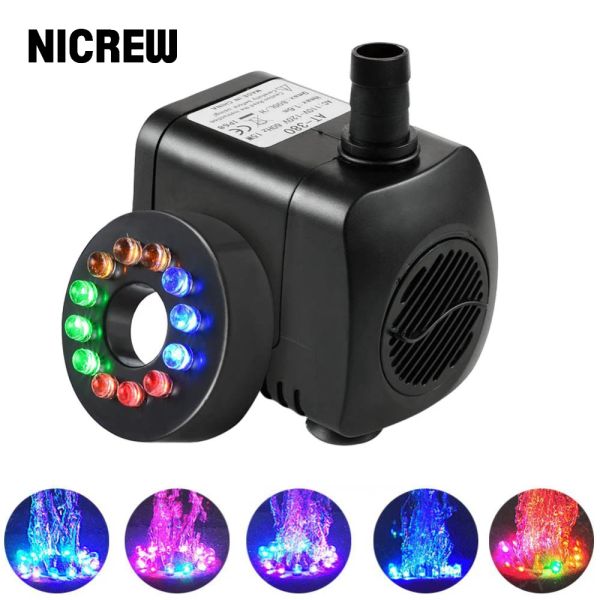 Accessori Nicrew Pompa d'acqua sommergibile con luce a LED a 12 colori per serbatoio di pesce Acquario Polto Decorazione della decorazione Acqua Decorazione 15W 800L/H