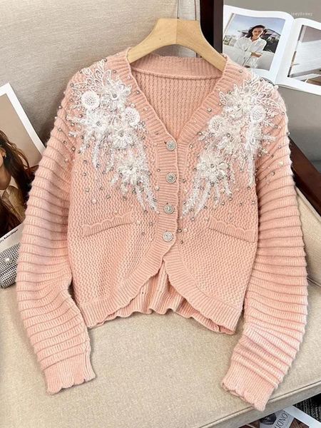Malhas femininas Autumn Winter Fashion British Style Beading Cardigan Sweater Casual com diamante coreano japonês