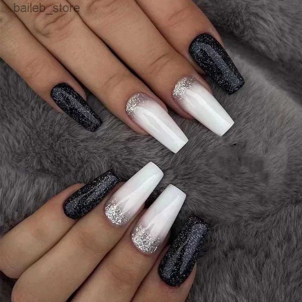 False Nails 24pcs Simple False Nails Black French Long Ballerina Baffin Coperture Full Cover Tasps staccabili Fine unghie Premere su unghie manicure Y240419