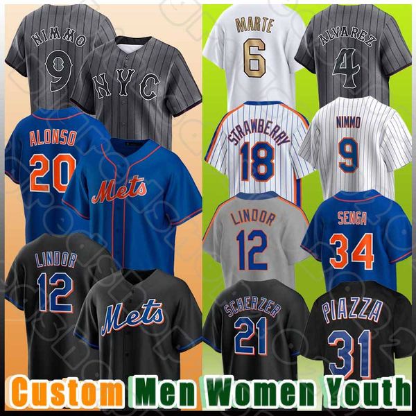 12 Lindor Pete Alonso Baseball Maglie Strawberry Darryl Starling Marte Brandon Nimmo Daniel Vogelbach Mets Kodai Senga Francisco Aarez Dwight Gooden