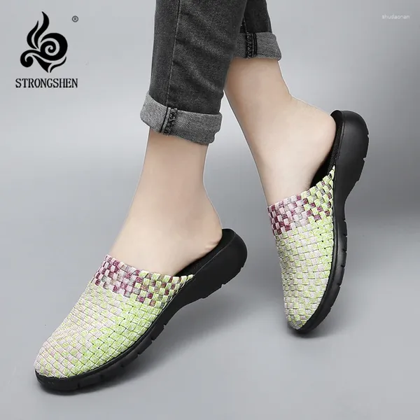Slippers Strongshen Mulheres feitas à mão Tecida deslize em sapatos casuais respiráveis ao ar livre para Walk Zapatos de Mujer