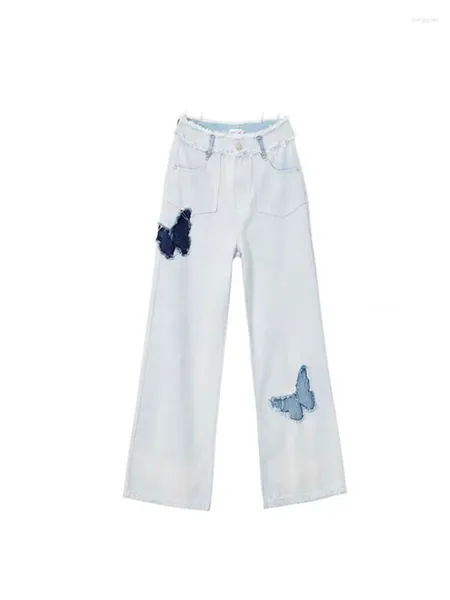 Jeans feminino Mulheres Baggy Blue Streetwear Vintage 90S Y2K Moda Butterfly Denim Trouser Korean High Casting Palnts de perna larga Roupas 2024