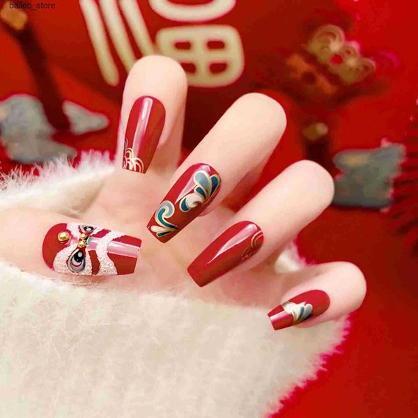 False Nails 24pcs Capodanno Rosso False Nails Lucky Tiger Pattern Fute Ompes Patch Strumento Manicure Cover Full Cover su TIPS per le ragazze Girl Women Y240419 Y240419