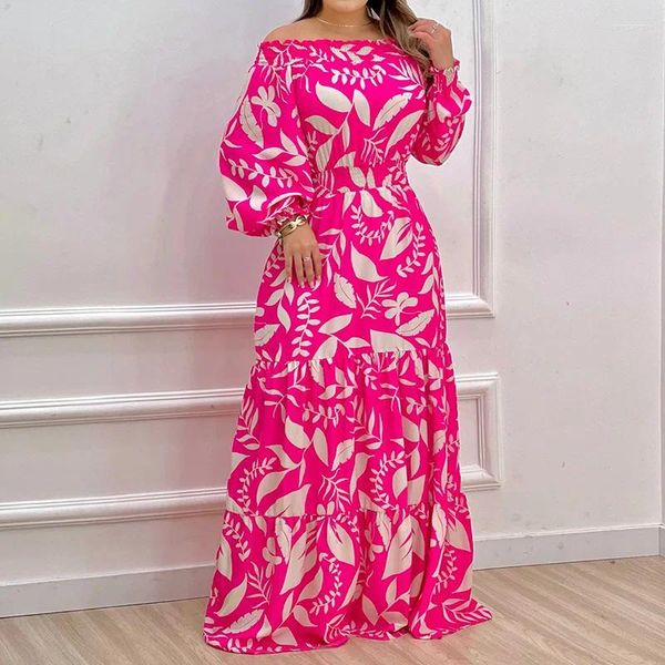 Lässige Kleider 2024 Sommermodelle von Frauen großer Schaukel Langkleid rosa Drucktemperament Elegant Langarmed für Frauen
