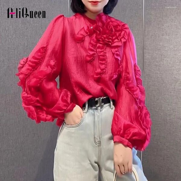 Blouses femininas mulheres coreanas chiques dobras babados de flor de flor sexy ver através de longas lanternas lanternas femininas de verão blusas camisetas tops