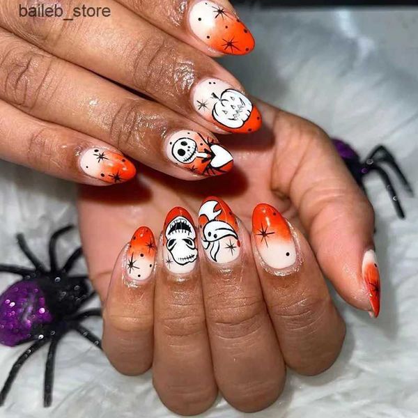 Falsche Nägel 24pcs Halloween gefälschte Nägel Gradient Orange Kürbismuster Pressen Sie Kurzfilm Kurzfilm gefälschte Nagelspitzen für Mädchen Halloween Maniküre Werkzeug Y240419 Y240419