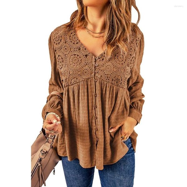 Bloups feminina Brown Crochet Shirt Fashion Button Lace Lace