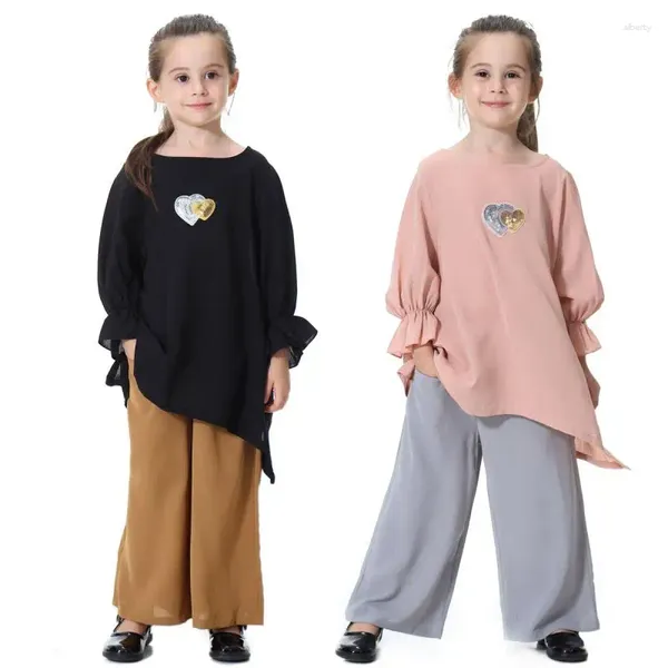 Girls di abbigliamento etnico Set di bellissimi pantaloni per camicia per bambini arabi casual manica a tromba rotonda a torna islamica paillettes a forma di 2 pezzi morbidi