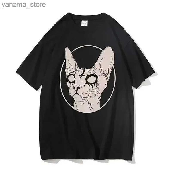 T-shirt femminile death metal sphynx gatto top topshirfashion thirt gothic tshirt hipster hipster una camicia di tendenza unisex short-slv t y240420