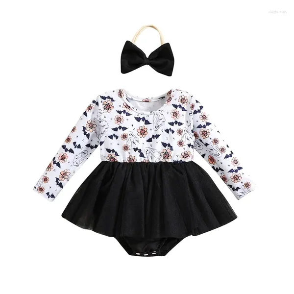 Roupas Conjuntos de roupas Pudcoco Infantas meninas do Halloween Romper Dress Bandbat Padrão de mangas de mangas de mangas compridas Armão de macacão 3-24M