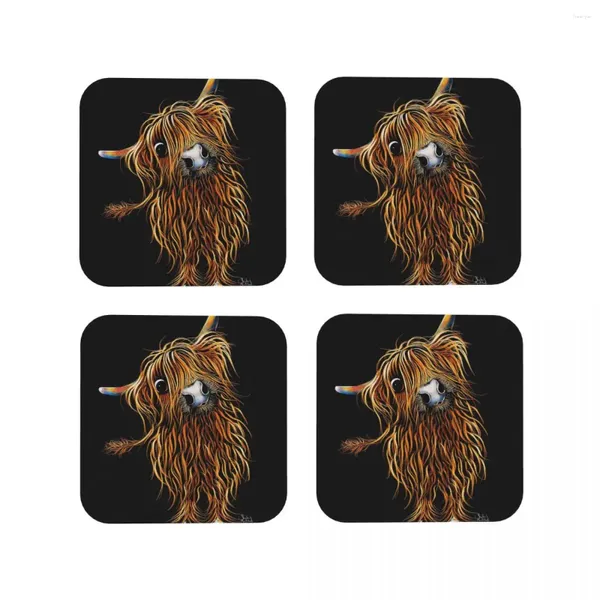 TABELA MATS Highland Cow Print Coasters Escoceses Conjunto de café de 4 Placemats Cup Tableware Decoration Pads para barra de jantar de cozinha em casa