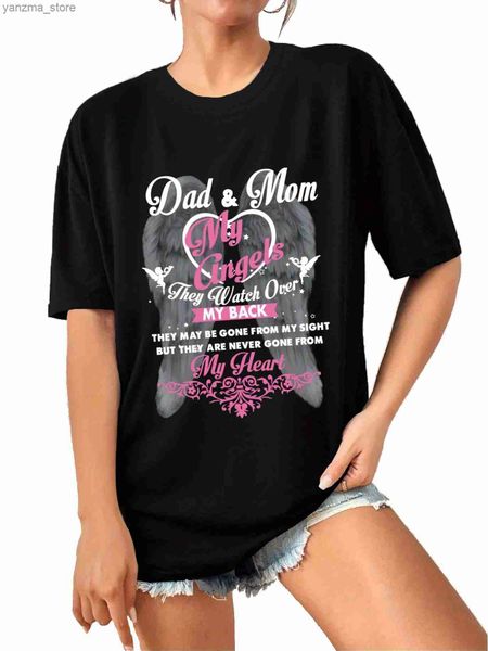 T-shirt feminina Esportes femininos Top pai e mãe angel asa cardíaco estampas de estampa de pescoço curto slve fitness trep shirt top y240420