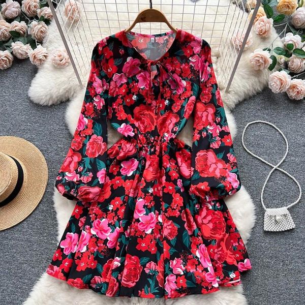 Lässige Kleider Langarm Langarm floral gedruckte Rüschen Party süßer Mode Vintage Puff O Hals Streetwear Koreanische Mädchen Festa