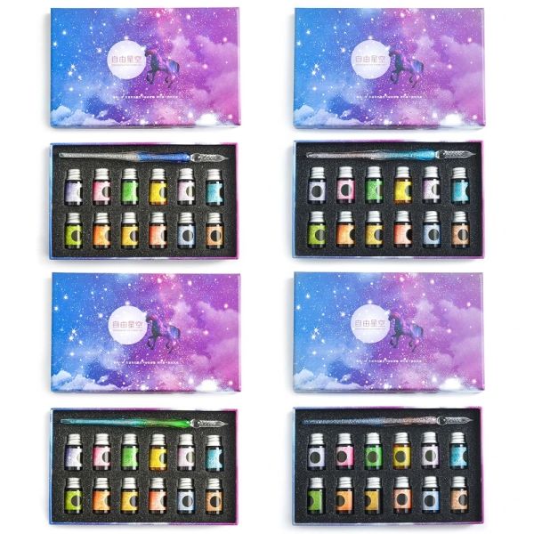 Canetas 13pcs Cristal de vidro Cristal Sky Sky Unicorn Dip Pen Glitter Powder Fonte Pen 12 Cores Caixa de presente Conjunto de tinta de escrita Supplimentos