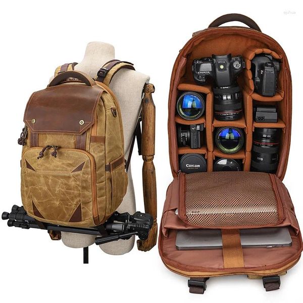 Rucksack wasserdichte Retro Batik -Leinwand Leder USB -Anschlussanschluss 15,6 -Zoll -Laptop Männer POFORY SABE TRAVE CORK COSE CAMERA Camera Bag