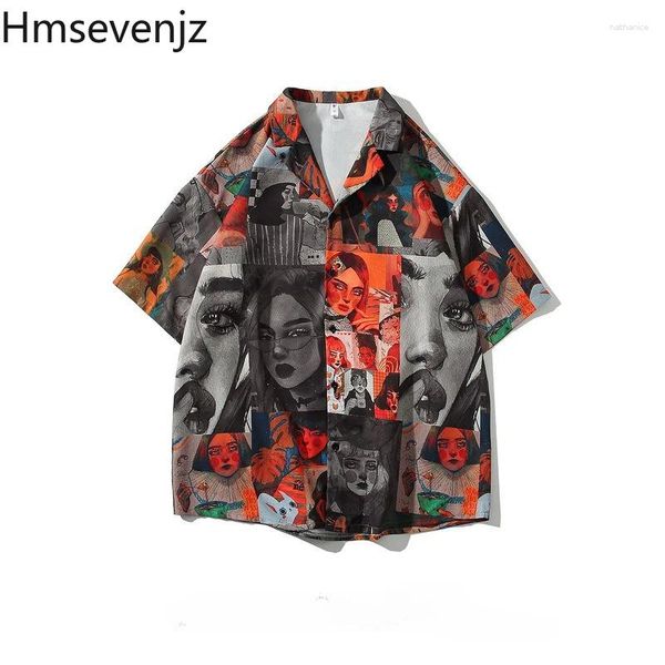 Blusas femininas hmsevenjz 2024 camisas chiques impressas lapela de manga curta solta botão simples de estilo coreano casal roupas de casal