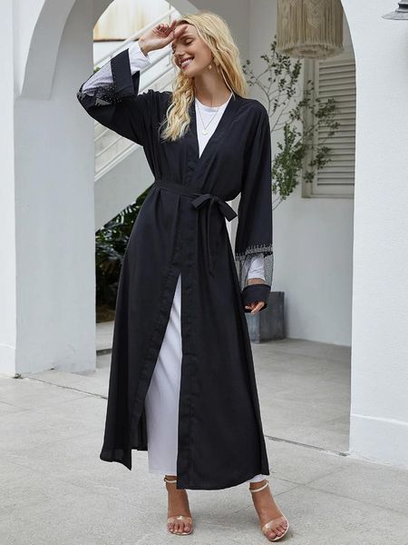 Etnik Giyim Pırlanta Dantel-Up Açık Abaya Dubai Türkiye Kaftan Müslüman hırka Abayas Kadınlar İçin Elbiseler Sıradan Çöp Femme Kaftan İslam