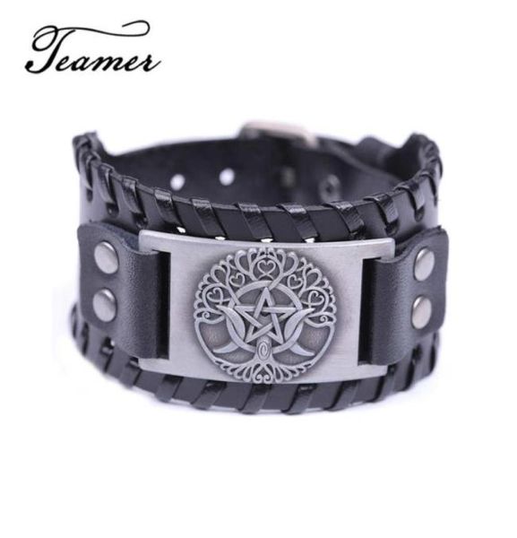 Charme Bracelets Marca Easy Buckle Wide Leather Tree of Life Triple Moon Goddess Bracelet Pentagrama WicCan Amulet Mteen Bang8713490