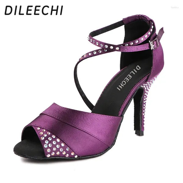 Scarpe da ballo dileechi femminile blu viola raso rini di strass latino caviglia della caviglia da ballo da ballo che balla i tacchi alti