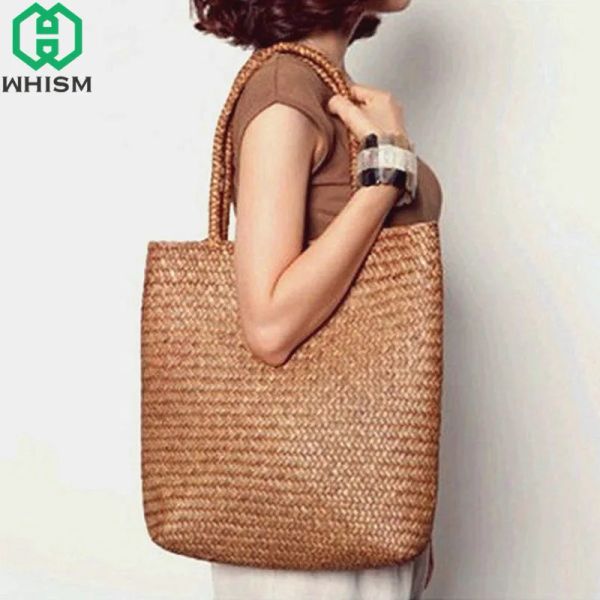 Bolsas Whism feita à mão, cesta de armazenamento de vime de luxo sacos de moda de palha de palha feminina