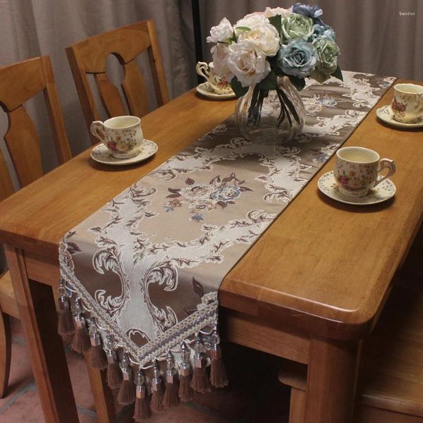 Tischläufer Beige Brown Jacquard European Flowers Luxus für formelles Abendessen