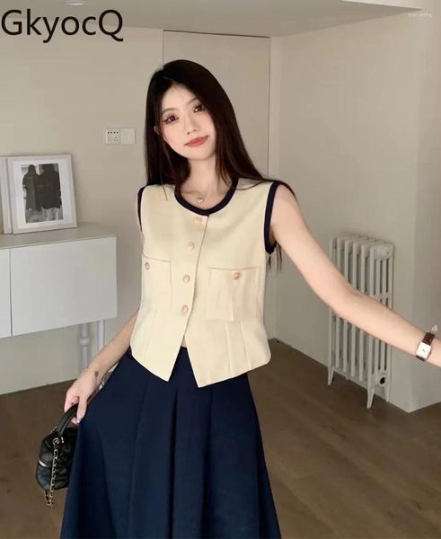 Arbeitskleider Gkyocq Mode zweiteilige Sets Frauen Outfit ärmellose O Halsweste und hohe Taille eine Linie Langer Rock Koreanische Weibchen Kleidung