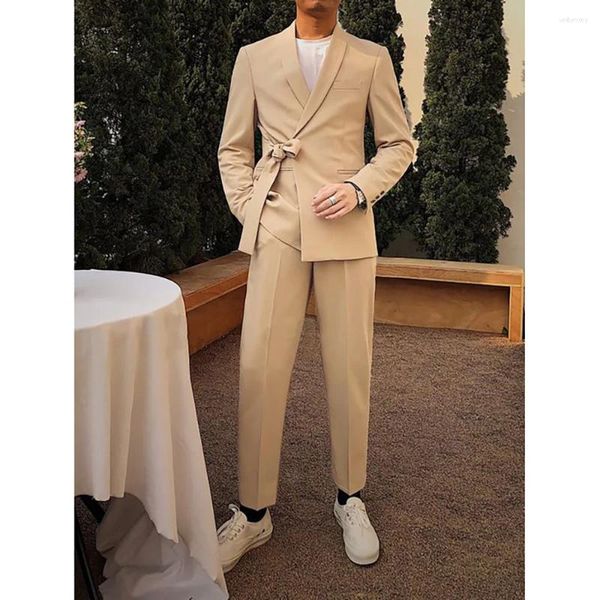 Abiti da uomo khaki casual uomo scialle cintura bavaglio formale pantaloni giacca da 2 pezzi set abiti personalizzati eleganti costumi di abbigliamento maschile completo