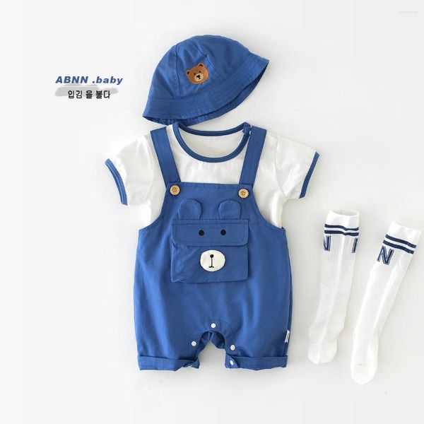 Kleidungssets 2024 Sommer Koreanische Kleinkinder 2pcs Kleidung Set Blue Edge Kurzarm Baumwoll -Shirt -Cartoon Overalls Anzug Baby -Outfits