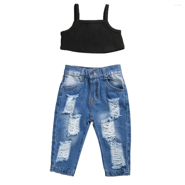 Kleidungssets Sommermädchen Feste Weste Top Ripped Pant Outfits