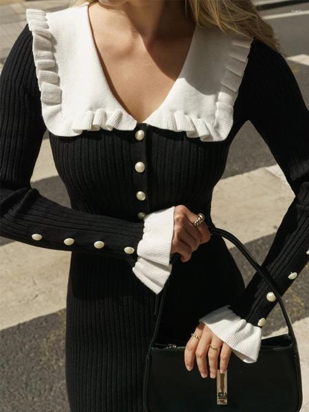 Vestidos casuais vestido de malha de colarinho de boneca com manga comprida BONTHCON Mini Cor Solid Slim Fashion Sweater Elegante