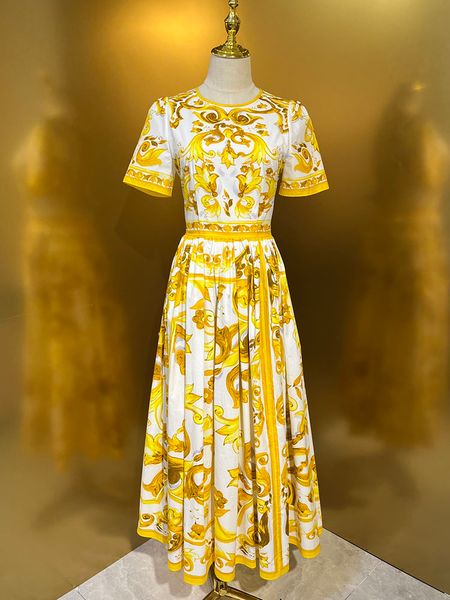 Fashion Yellow Pocelain Stampa abito da stampa primavera estate donne 100% cotone vintage Vestidos Hight Street