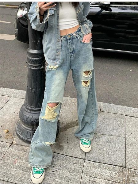 Frauen Jeans Streetstyle Dünn American Casual Casual Multiple Loch Designs Hosen weibliche hohe Taille gerade blaue Hosen