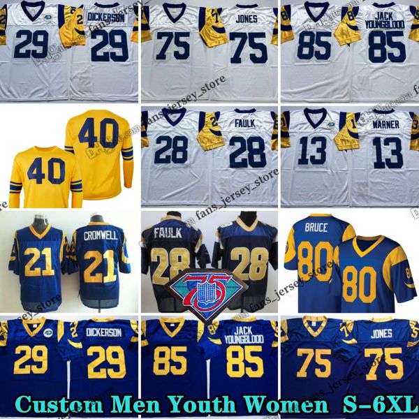 Custom S-6xl 75. Throwback 75 Diakon Jones Football Trikots 28 Marshall Faulk 29 Eric Dickerson 76 Orlando Pace 13 Kurt Warner 81 Thram Holt 21 Nolan Cromwell 10 Bulger