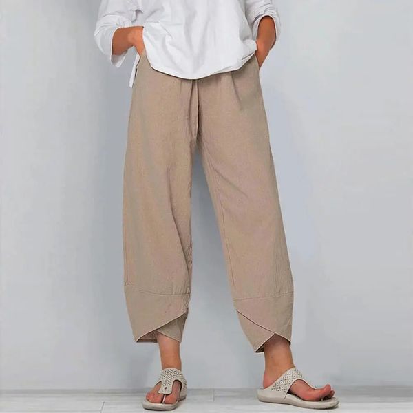 Übergroße Frauen mit soliden Baumwollwäsche Taschen Baggy Casual Harem Hosen Damen Sommer Klassiker Anklelength Hosen Plus Size 2023 240411