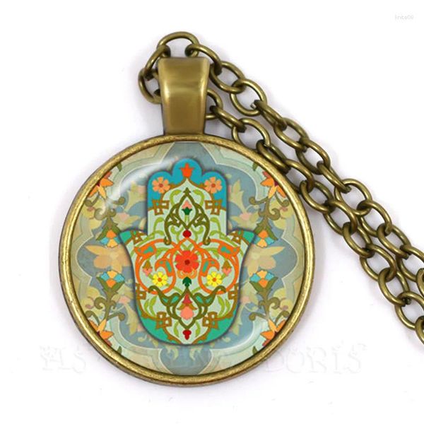 Anhänger Halsketten trendy 25mmglass Dome Cabochon Halskette Glas Hamsa Buntes Hand Amulett Bild Sweaterchain Geschenk