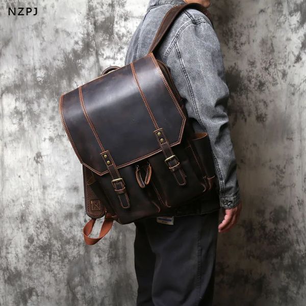 Mochilas NZPJ Vintage Backpack de couro genuíno Backpack Crazy Horse Backpack Natural Cowhide Bolsa de lazer