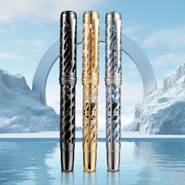 Pens Hongdian A6 Pistão Fountain Pen Skeleton Resina Hollow e Metal Writing Pen EF/F Nib School Office Gift Pen