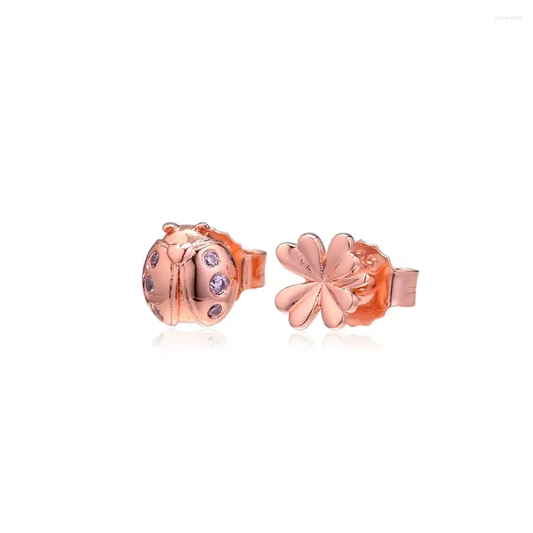 Orecchini per borchie rosa a quattro foglie di trifoglio e coccinella talloni regalo per la mamma 925 Sterling Silver Women Wedding festa di gioielleria plata