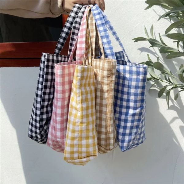 Taschen 2022 Neue tragbare Lunchbeutel japanische karierte Baumwoll -Picknick -Food -Tasche Frauen Einfache kleine Totes koreanische Kinder Kinder Lunchtaschen Kinder Kinder