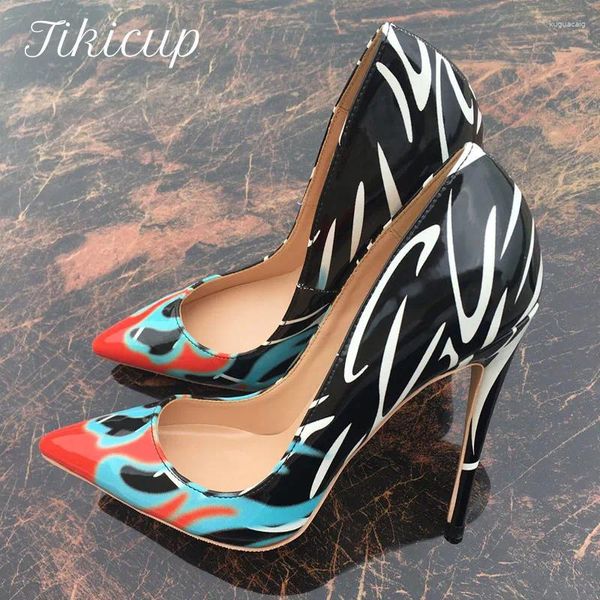 Kleiderschuhe Tikicup Art Graffiti Print Women Patent Spitze Zeh extrem High Heels auf sexy Patern Pumps Chic Lady Party Stiletto