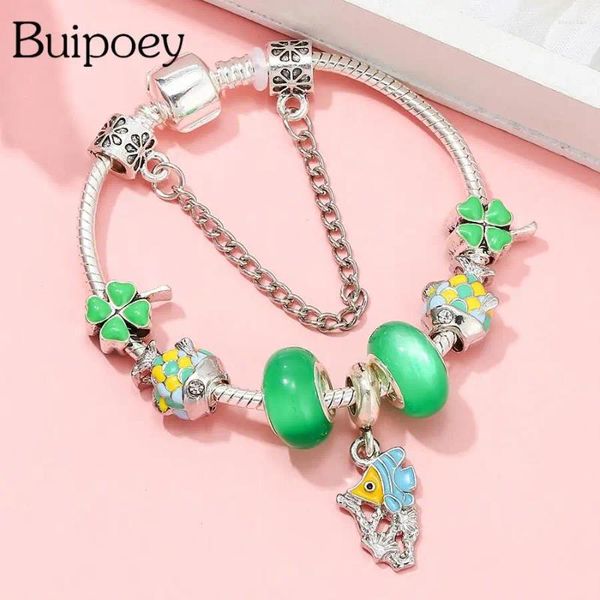 Bracelets de charme Buipoey cyan verde subaquático e peixe para menino menina diy miçangas lucky silver cor bangle jóias infantis