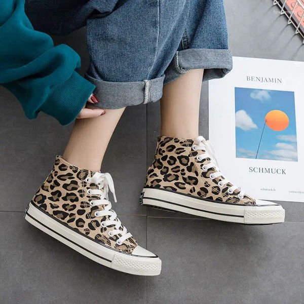 Casual Shoes Damen-Leinwand Sommer Leopardenmuster Schnürung Flats Lady Herbst High-Top Vulkanisierte Schuh-Slip-Turnschuhe