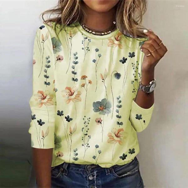 Frauenblusen Frühling Herbst Herbst Langarm Top Blumendruck O-Neck Bluse Lose Fit Dünne atmungsaktive Frühlings-/Herbststreetwear