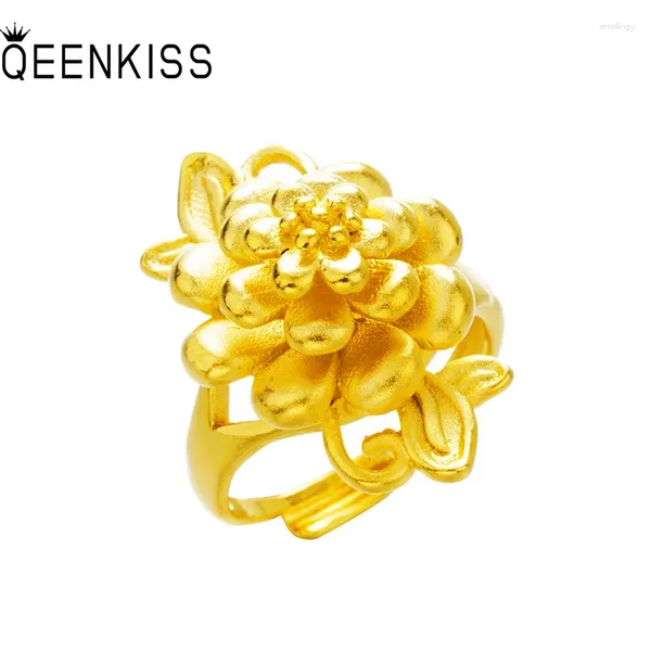 Ringos de cluster qeenkiss 24kt Gold Flower Ring for Women Ajuste Fine por atacado Jewelry Wedding Party Bride Ladies Girl MotherGift RG590