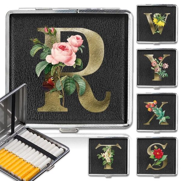 Speicherflaschen 1PCS Zigaretten Organizer Hülle tragbare schlanke Lederbox Leichter wasserdichtem Anfangsname Goldene Blume 26 Buchstaben Muster